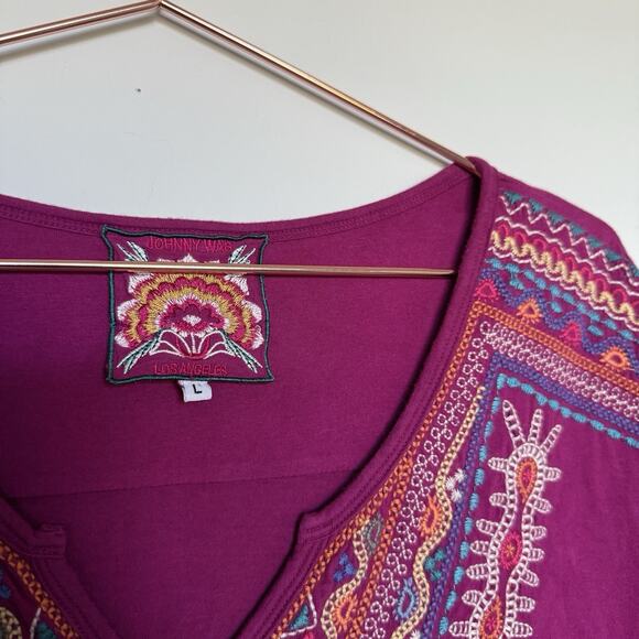 Johnny Was Womens Embroidered Top Large Maroon Short Sleeve Boho Quiet Luxury - Picture 3 of 6